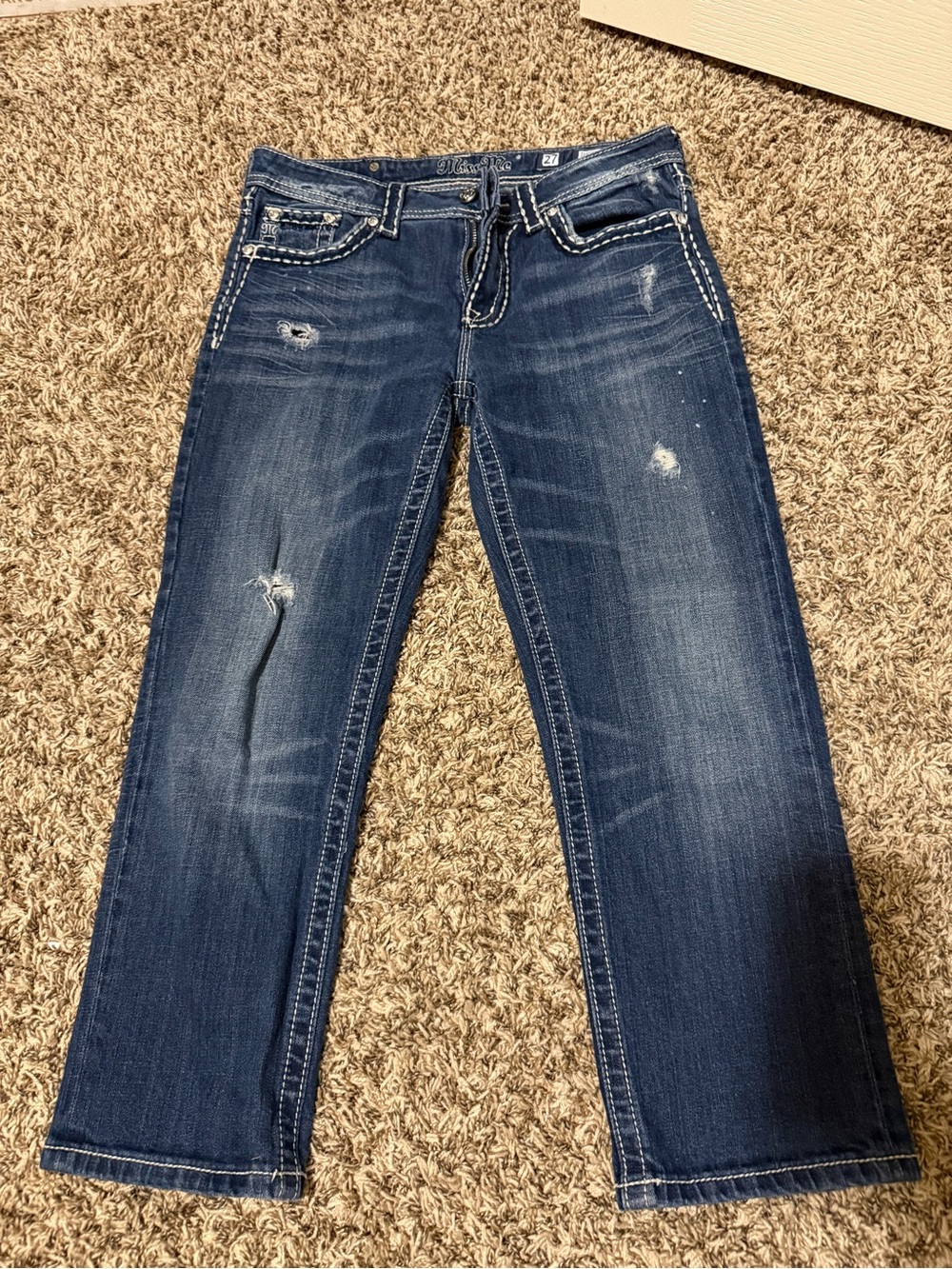 Miss Me Dark Blue Straight Leg Jeans with Distressed Accents